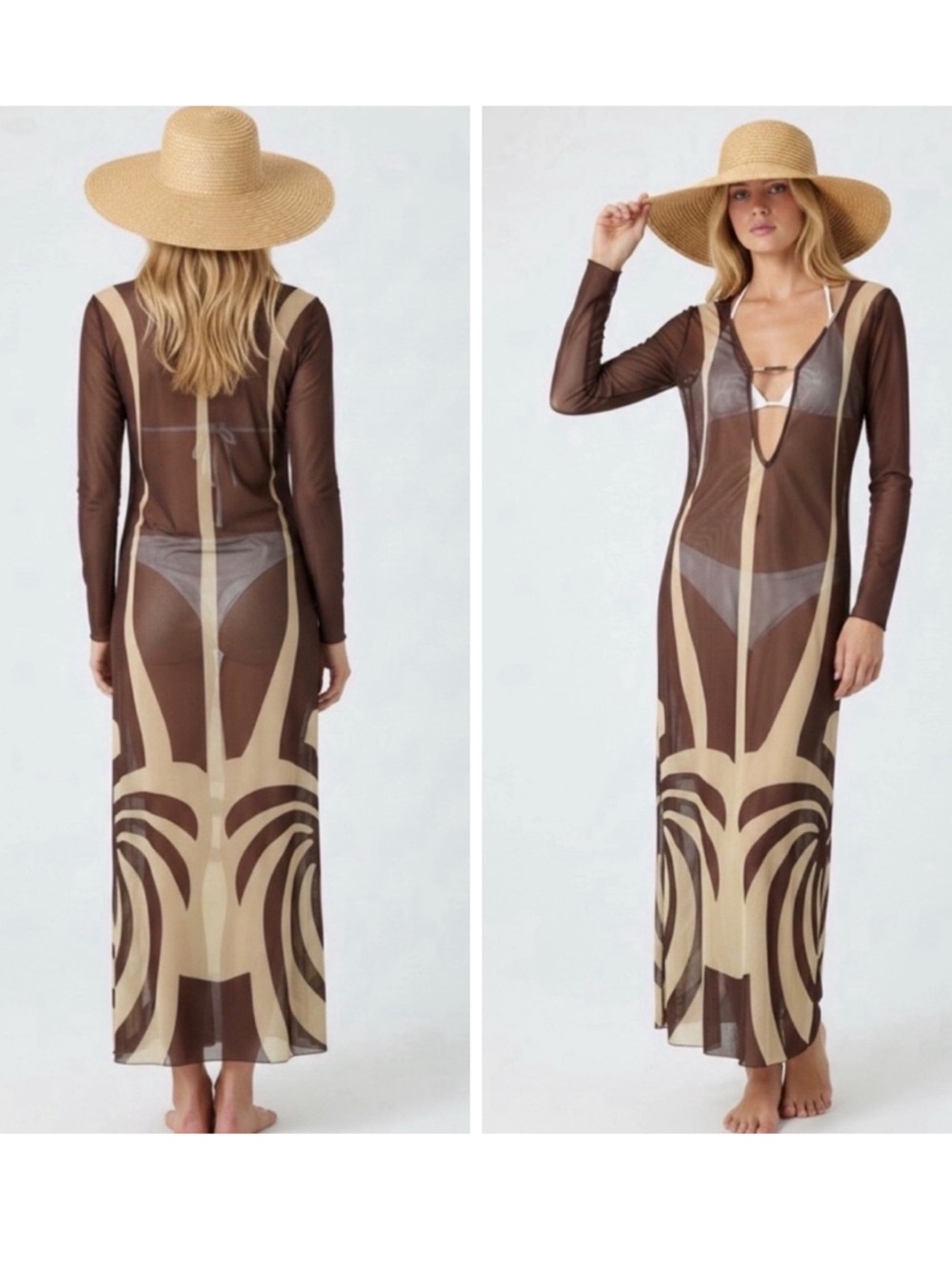 NWT CAROLINE CONSTAS Sheer Maxi Swim Cover Up Dress Brown S Resort Wear